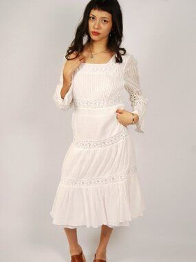 90s Prairie Midi Dress (8) white vintage bohemian peasant hippie bell sleeves